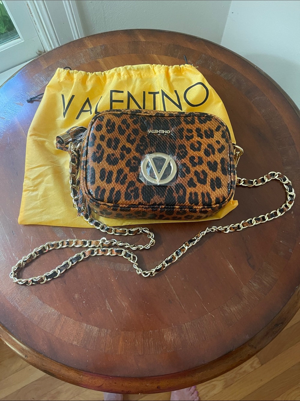 Valentino Leopard Print Crossbody Camera Bag - Brown/Black with Gold Chain